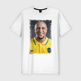 Мужская футболка премиум с принтом Roberto Carlos (retro style) в Тюмени, 92% хлопок, 8% лайкра | приталенный силуэт, круглый вырез ворота, длина до линии бедра, короткий рукав | бразилия