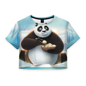 Женская футболка 3D укороченная с принтом Кунг фу панда в Тюмени, 100% полиэстер | круглая горловина, длина футболки до линии талии, рукава с отворотами | панда