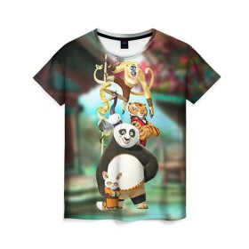 Женская футболка 3D с принтом Кунг фу панда в Тюмени, 100% полиэфир ( синтетическое хлопкоподобное полотно) | прямой крой, круглый вырез горловины, длина до линии бедер | kung fu | kung fu panda | panda | кунг фу | кунг фу панда | кунгфу | панда. кунг фу | по