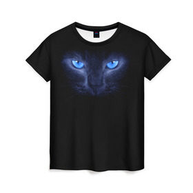 Женская футболка 3D с принтом Кошка с голубыми глазами в Тюмени, 100% полиэфир ( синтетическое хлопкоподобное полотно) | прямой крой, круглый вырез горловины, длина до линии бедер | Тематика изображения на принте: глаза | кот | синий