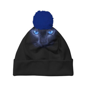 Шапка 3D c помпоном с принтом Кошка с голубыми глазами в Тюмени, 100% полиэстер | универсальный размер, печать по всей поверхности изделия | глаза | кот | синий