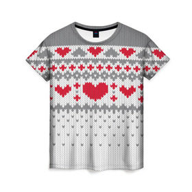 Женская футболка 3D с принтом Сердечки в Тюмени, 100% полиэфир ( синтетическое хлопкоподобное полотно) | прямой крой, круглый вырез горловины, длина до линии бедер | вязанье | любовь | свитр | сердечки