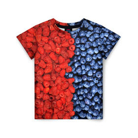 Детская футболка 3D с принтом Ягодка в Тюмени, 100% гипоаллергенный полиэфир | прямой крой, круглый вырез горловины, длина до линии бедер, чуть спущенное плечо, ткань немного тянется | Тематика изображения на принте: клубника | малина | черника | ягода | ягодка | ягодный