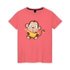 Женская футболка хлопок с принтом Обезьянка с бананом в Тюмени, 100% хлопок | прямой крой, круглый вырез горловины, длина до линии бедер, слегка спущенное плечо | 2016 | год | зима | мартышка | новогодний | новый | обезьяна | обезьянка | подарок | с новым годом