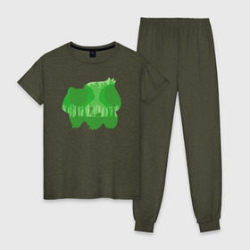 Женская пижама хлопок с принтом Зеленый бульбазавр в Тюмени, 100% хлопок | брюки и футболка прямого кроя, без карманов, на брюках мягкая резинка на поясе и по низу штанин | покемон