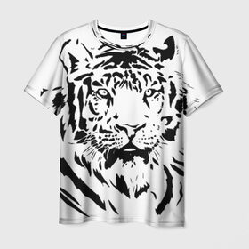 Мужская футболка 3D с принтом Тигр в Тюмени, 100% полиэфир | прямой крой, круглый вырез горловины, длина до линии бедер | взгляд | тигр | трафарет | хищник