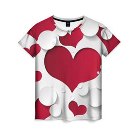 Женская футболка 3D с принтом Сердца в Тюмени, 100% полиэфир ( синтетическое хлопкоподобное полотно) | прямой крой, круглый вырез горловины, длина до линии бедер | любовь | орнамент | праздник | сердца