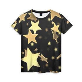 Женская футболка 3D с принтом Золотые звезды в Тюмени, 100% полиэфир ( синтетическое хлопкоподобное полотно) | прямой крой, круглый вырез горловины, длина до линии бедер | золотые звезды | орнамент | праздник