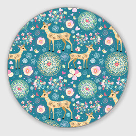 Коврик круглый с принтом Олени в Тюмени, резина и полиэстер | круглая форма, изображение наносится на всю лицевую часть | олени | орнамент | природа | цветы