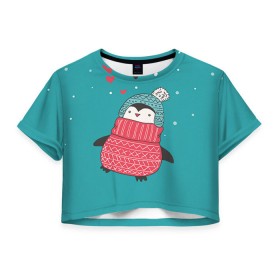 Женская футболка 3D укороченная с принтом Пингвинчик в Тюмени, 100% полиэстер | круглая горловина, длина футболки до линии талии, рукава с отворотами | пингвин