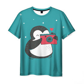 Мужская футболка 3D с принтом Пингвин с фотоаппаратом в Тюмени, 100% полиэфир | прямой крой, круглый вырез горловины, длина до линии бедер | 14 февраля | влюбленные | девушка | день святого валентина | любовь | пара | парень