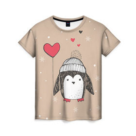 Женская футболка 3D с принтом Пингвин с шариком в Тюмени, 100% полиэфир ( синтетическое хлопкоподобное полотно) | прямой крой, круглый вырез горловины, длина до линии бедер | пингвин