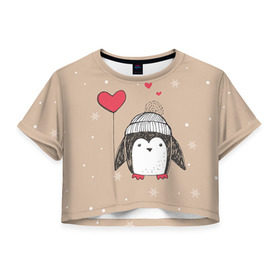 Женская футболка 3D укороченная с принтом Пингвин с шариком в Тюмени, 100% полиэстер | круглая горловина, длина футболки до линии талии, рукава с отворотами | Тематика изображения на принте: пингвин