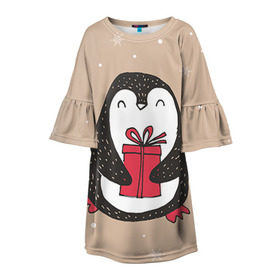 Детское платье 3D с принтом Пингвин с подарком в Тюмени, 100% полиэстер | прямой силуэт, чуть расширенный к низу. Круглая горловина, на рукавах — воланы | пингвин