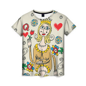 Женская футболка 3D с принтом Червовая дама в Тюмени, 100% полиэфир ( синтетическое хлопкоподобное полотно) | прямой крой, круглый вырез горловины, длина до линии бедер | 14 февраля | love | влюбленные | карты | королева | король | лав | любовь | пара | парные | подарок
