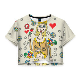 Женская футболка 3D укороченная с принтом Червовая дама в Тюмени, 100% полиэстер | круглая горловина, длина футболки до линии талии, рукава с отворотами | 14 февраля | love | влюбленные | карты | королева | король | лав | любовь | пара | парные | подарок