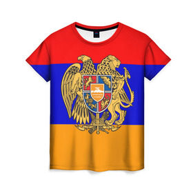 Женская футболка 3D с принтом Герб и флаг Армении в Тюмени, 100% полиэфир ( синтетическое хлопкоподобное полотно) | прямой крой, круглый вырез горловины, длина до линии бедер | armenia | армения | герб | флаг