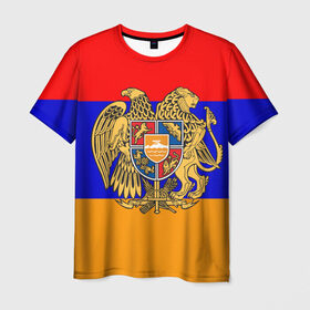 Мужская футболка 3D с принтом Герб и флаг Армении в Тюмени, 100% полиэфир | прямой крой, круглый вырез горловины, длина до линии бедер | Тематика изображения на принте: armenia | армения | герб | флаг