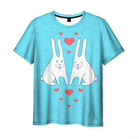 Мужская футболка 3D с принтом Зай и зая в Тюмени, 100% полиэфир | прямой крой, круглый вырез горловины, длина до линии бедер | Тематика изображения на принте: 14 февраля | bear | love | teddy | валентин | влюбленный | зайчик | зая | заяц | любовь | милый | рисунок | сердечко | сердце