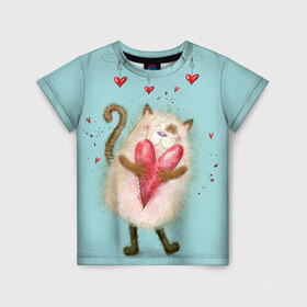 Детская футболка 3D с принтом Котик в Тюмени, 100% гипоаллергенный полиэфир | прямой крой, круглый вырез горловины, длина до линии бедер, чуть спущенное плечо, ткань немного тянется | 14 февраля | bear | love | teddy | валентин | влюбленный | киска | кот | котик | любовь | милый | рисунок | сердечко | сердце