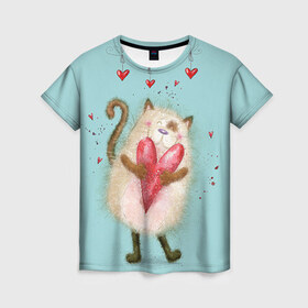 Женская футболка 3D с принтом Котик в Тюмени, 100% полиэфир ( синтетическое хлопкоподобное полотно) | прямой крой, круглый вырез горловины, длина до линии бедер | 14 февраля | bear | love | teddy | валентин | влюбленный | киска | кот | котик | любовь | милый | рисунок | сердечко | сердце