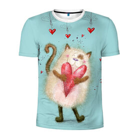 Мужская футболка 3D спортивная с принтом Котик в Тюмени, 100% полиэстер с улучшенными характеристиками | приталенный силуэт, круглая горловина, широкие плечи, сужается к линии бедра | 14 февраля | bear | love | teddy | валентин | влюбленный | киска | кот | котик | любовь | милый | рисунок | сердечко | сердце