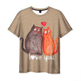 Мужская футболка 3D с принтом Влюбленные котики в Тюмени, 100% полиэфир | прямой крой, круглый вырез горловины, длина до линии бедер | 14 февраля | bear | love | teddy | валентин | влюбленный | киска | кот | котик | любовь | милый | рисунок | сердечко | сердце