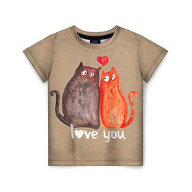 Детская футболка 3D с принтом Влюбленные котики в Тюмени, 100% гипоаллергенный полиэфир | прямой крой, круглый вырез горловины, длина до линии бедер, чуть спущенное плечо, ткань немного тянется | 14 февраля | bear | love | teddy | валентин | влюбленный | киска | кот | котик | любовь | милый | рисунок | сердечко | сердце