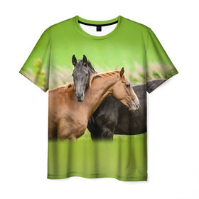 Мужская футболка 3D с принтом Лошади 2 в Тюмени, 100% полиэфир | прямой крой, круглый вырез горловины, длина до линии бедер | horse | horseshoe | акварель | головалошади | грива | единорог | жеребец | животные | конь | лошадь | лошадьскрыльями | подкова | природа | рисуноккрасками
