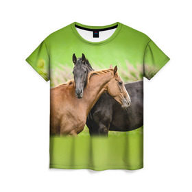 Женская футболка 3D с принтом Лошади 2 в Тюмени, 100% полиэфир ( синтетическое хлопкоподобное полотно) | прямой крой, круглый вырез горловины, длина до линии бедер | horse | horseshoe | акварель | головалошади | грива | единорог | жеребец | животные | конь | лошадь | лошадьскрыльями | подкова | природа | рисуноккрасками