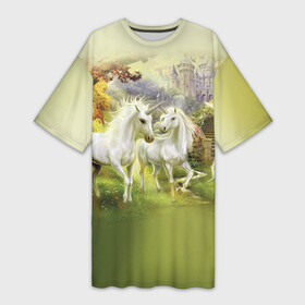 Платье-футболка 3D с принтом Единороги в Тюмени,  |  | horse | horseshoe | акварель | головалошади | грива | единорог | жеребец | животные | конь | лошадь | лошадьскрыльями | подкова | природа | рисуноккрасками