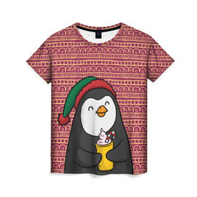 Женская футболка 3D с принтом Пингвиня в Тюмени, 100% полиэфир ( синтетическое хлопкоподобное полотно) | прямой крой, круглый вырез горловины, длина до линии бедер | пингвин