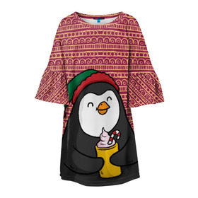 Детское платье 3D с принтом Пингвиня в Тюмени, 100% полиэстер | прямой силуэт, чуть расширенный к низу. Круглая горловина, на рукавах — воланы | пингвин