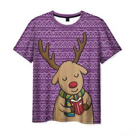 Мужская футболка 3D с принтом Счастливый олень в Тюмени, 100% полиэфир | прямой крой, круглый вырез горловины, длина до линии бедер | Тематика изображения на принте: зима | новый год | олень | подарки