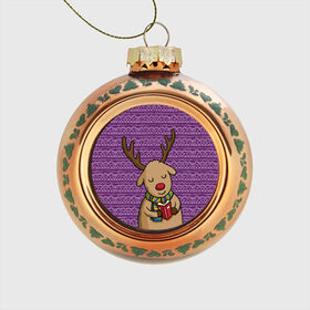Стеклянный ёлочный шар с принтом Счастливый олень в Тюмени, Стекло | Диаметр: 80 мм | Тематика изображения на принте: зима | новый год | олень | подарки