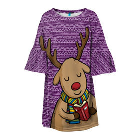 Детское платье 3D с принтом Счастливый олень в Тюмени, 100% полиэстер | прямой силуэт, чуть расширенный к низу. Круглая горловина, на рукавах — воланы | Тематика изображения на принте: зима | новый год | олень | подарки