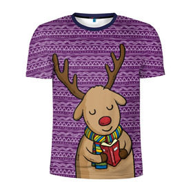 Мужская футболка 3D спортивная с принтом Счастливый олень в Тюмени, 100% полиэстер с улучшенными характеристиками | приталенный силуэт, круглая горловина, широкие плечи, сужается к линии бедра | Тематика изображения на принте: зима | новый год | олень | подарки