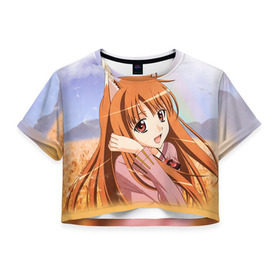 Женская футболка 3D укороченная с принтом Волчица и Пряности 2 в Тюмени, 100% полиэстер | круглая горловина, длина футболки до линии талии, рукава с отворотами | anime | okami to koshinryo | оками