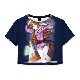 Женская футболка 3D укороченная с принтом Волчица и Пряности 3 в Тюмени, 100% полиэстер | круглая горловина, длина футболки до линии талии, рукава с отворотами | anime | okami to koshinryo | оками
