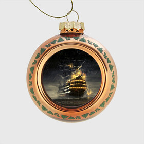 Стеклянный ёлочный шар с принтом Парусник  в Тюмени, Стекло | Диаметр: 80 мм | море | ночь | огни | океан | парусник