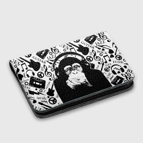 Картхолдер с принтом с принтом Шимпанзе в наушниках в Тюмени, натуральная матовая кожа | размер 7,3 х 10 см; кардхолдер имеет 4 кармана для карт; | джаз | музыка | обезьяна | рок | шимпанзе в наущниках
