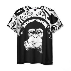 Мужская футболка 3D с принтом Шимпанзе в наушниках в Тюмени, 100% полиэфир | прямой крой, круглый вырез горловины, длина до линии бедер | джаз | музыка | обезьяна | рок | шимпанзе в наущниках