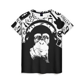 Женская футболка 3D с принтом Шимпанзе в наушниках в Тюмени, 100% полиэфир ( синтетическое хлопкоподобное полотно) | прямой крой, круглый вырез горловины, длина до линии бедер | джаз | музыка | обезьяна | рок | шимпанзе в наущниках
