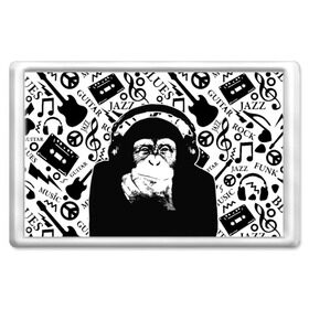 Магнит 45*70 с принтом Шимпанзе в наушниках в Тюмени, Пластик | Размер: 78*52 мм; Размер печати: 70*45 | Тематика изображения на принте: джаз | музыка | обезьяна | рок | шимпанзе в наущниках