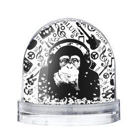 Снежный шар с принтом Шимпанзе в наушниках в Тюмени, Пластик | Изображение внутри шара печатается на глянцевой фотобумаге с двух сторон | джаз | музыка | обезьяна | рок | шимпанзе в наущниках