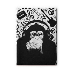 Обложка для автодокументов с принтом Шимпанзе в наушниках в Тюмени, натуральная кожа |  размер 19,9*13 см; внутри 4 больших “конверта” для документов и один маленький отдел — туда идеально встанут права | джаз | музыка | обезьяна | рок | шимпанзе в наущниках