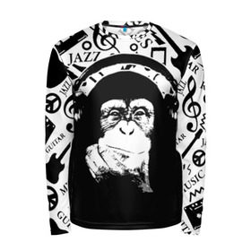 Мужской лонгслив 3D с принтом Шимпанзе в наушниках в Тюмени, 100% полиэстер | длинные рукава, круглый вырез горловины, полуприлегающий силуэт | джаз | музыка | обезьяна | рок | шимпанзе в наущниках