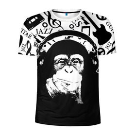 Мужская футболка 3D спортивная с принтом Шимпанзе в наушниках в Тюмени, 100% полиэстер с улучшенными характеристиками | приталенный силуэт, круглая горловина, широкие плечи, сужается к линии бедра | джаз | музыка | обезьяна | рок | шимпанзе в наущниках