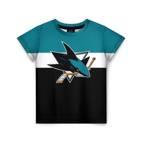Детская футболка 3D с принтом San Jose Sharks в Тюмени, 100% гипоаллергенный полиэфир | прямой крой, круглый вырез горловины, длина до линии бедер, чуть спущенное плечо, ткань немного тянется | Тематика изображения на принте: hockey | nhl | san jose sharks | нхл | спорт | хоккей