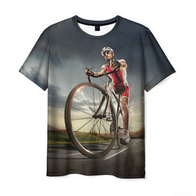 Мужская футболка 3D с принтом Велогонщик в Тюмени, 100% полиэфир | прямой крой, круглый вырез горловины, длина до линии бедер | extreme | вело | велосипед | шоссейный велосипед | экстрим